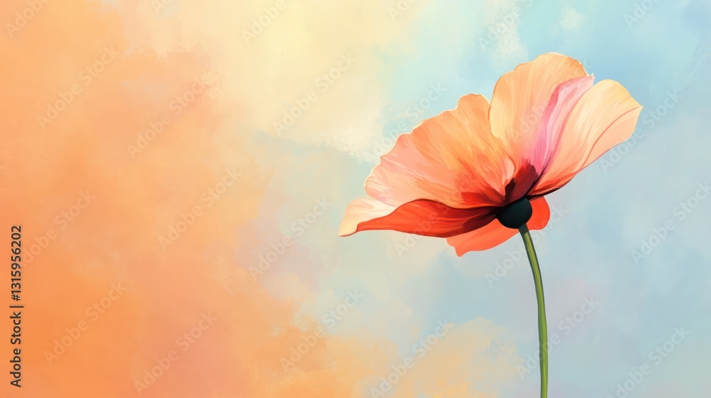 Fototapeta premium Peach poppy flower sunset sky background; greeting card