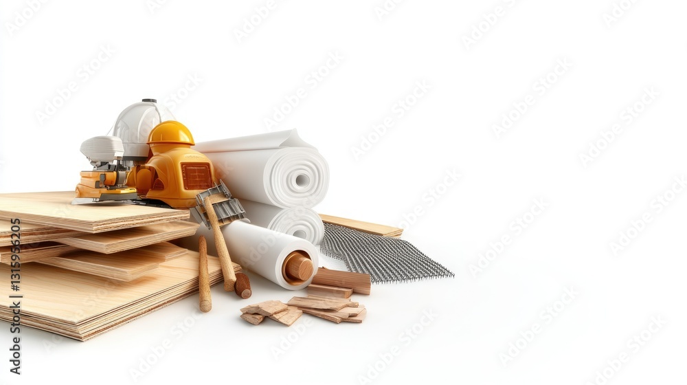 Ultra-detailed Hyper-realistic image of a high-quality construction materials set including plywood, reinforcing mesh, and insulation foam on a pure white background Ultra-detailed Hyper-realistic image of a high-quality construction materials set including plywood, reinforcing mesh, and insulation foam on a pure white background