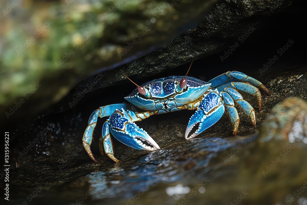 A vibrant blue crab exploring the depths of a hidden rock pool. A vibrant blue crab exploring the depths of a hidden rock pool.
