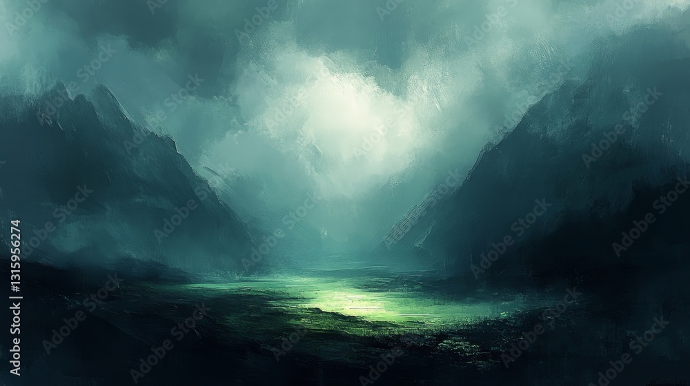 Fototapeta premium A gloomy, dramatic vista reveals swirling clouds glowing with an eerie light, evoking a sense of calm mystery amid the storm