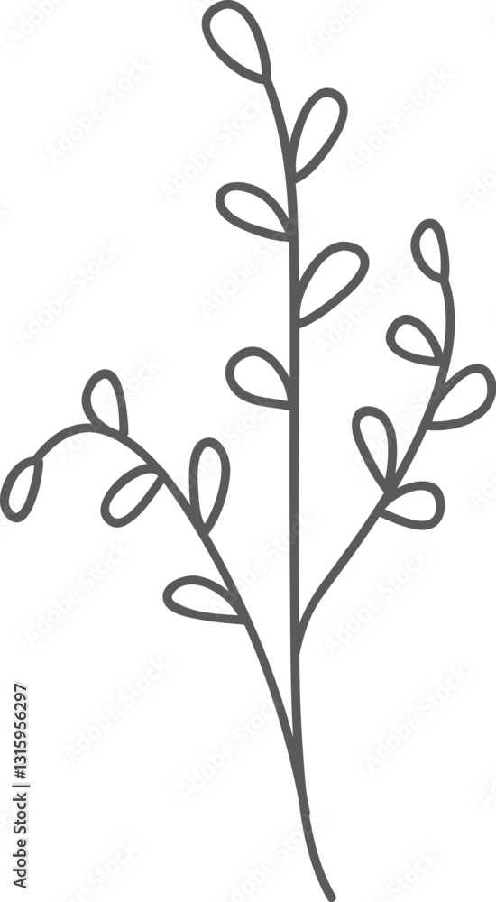 Fototapeta premium Simple gray floral branch illustration, white background, design element