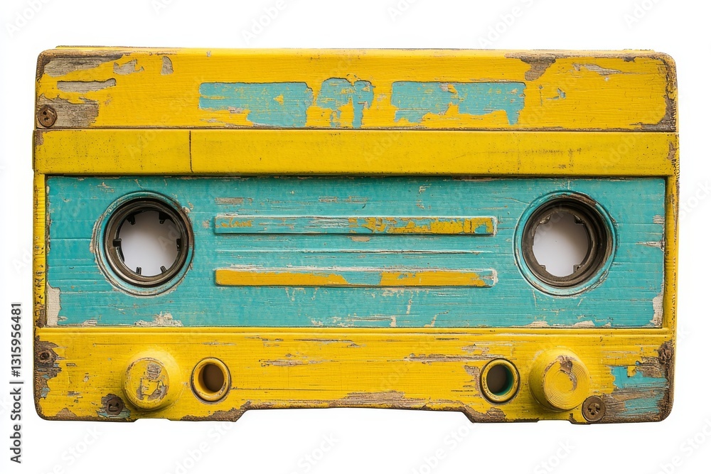 Naklejka premium A nostalgic audio cassette tape, adorned with a faded design and orange accents, reminiscent of retro music formats