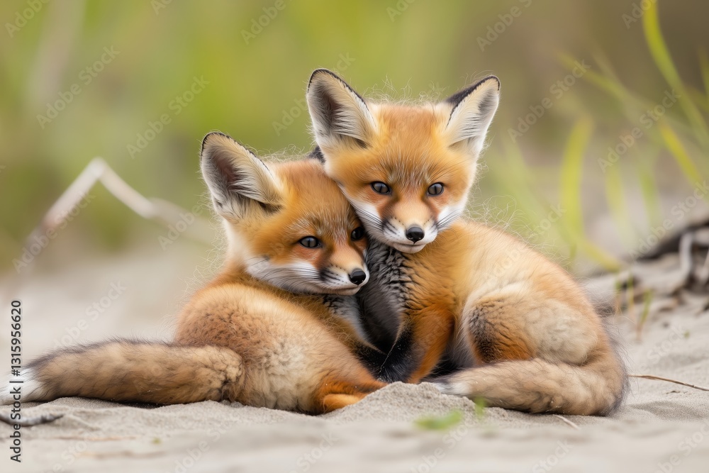 Obraz premium Young red foxes snuggling together on a coastal shore 