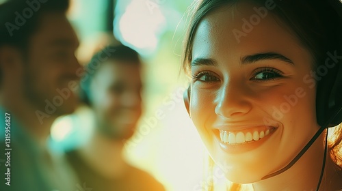 Smiling Support Agent with Team at Work.