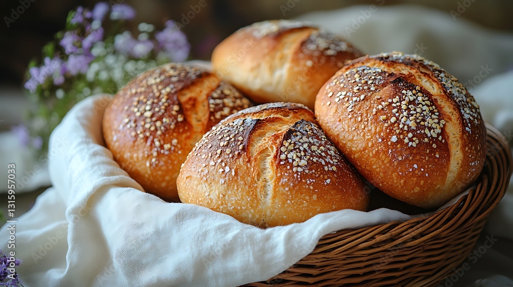 A homey and warm bread basket with freshly baked loaves wrapped in a white cloth and floral touches A homey and warm bread basket with freshly baked loaves wrapped in a white cloth and floral touches