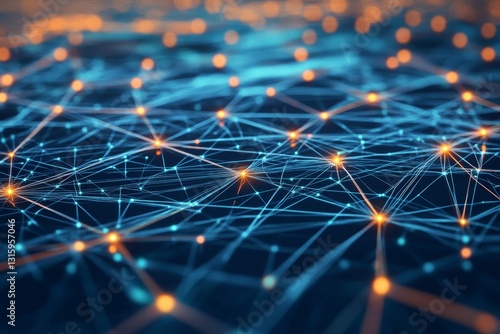 This image captures an abstract network design featuring glowing nodes and interconnected lines, representing advanced technology and digital communication.