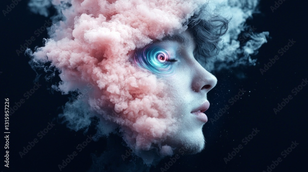 Fototapeta premium Surreal Portrait Man Cosmic Eye Pink Smoke Galaxy