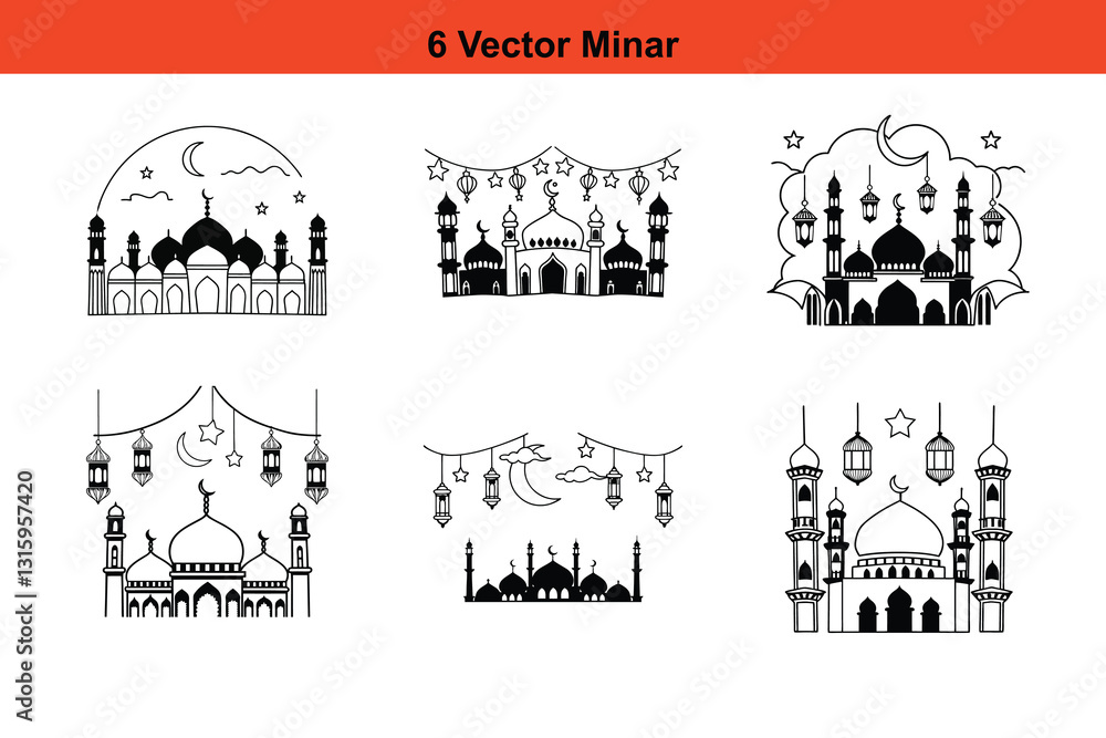 Naklejka premium Mosque Silhouettes, Islamic Mosque Silhouette Vector Pack