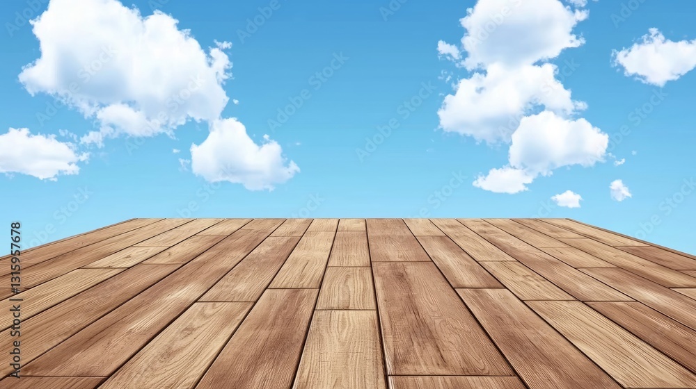 Wooden Deck Perspective With Planks Underneath Clear Blue Sky And Soft White Clouds In A Tranquil Outdoor Setting Wooden Deck Perspective With Planks Underneath Clear Blue Sky And Soft White Clouds In A Tranquil Outdoor Setting