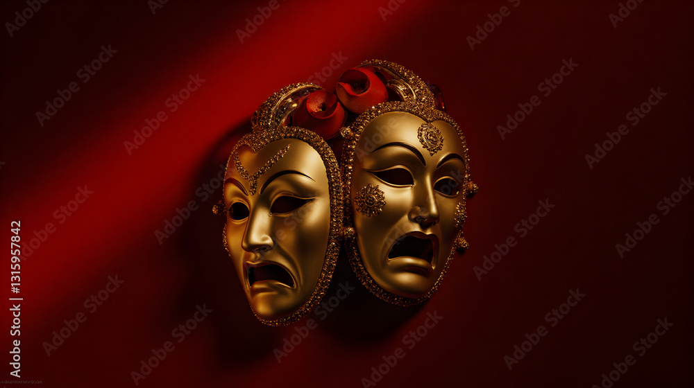 Iconic Theatre Masks with Metallic Gold Finish on Deep Crimson Background with Subtle Lighting Symbolizing Drama Essence Iconic Theatre Masks with Metallic Gold Finish on Deep Crimson Background with Subtle Lighting Symbolizing Drama Essence