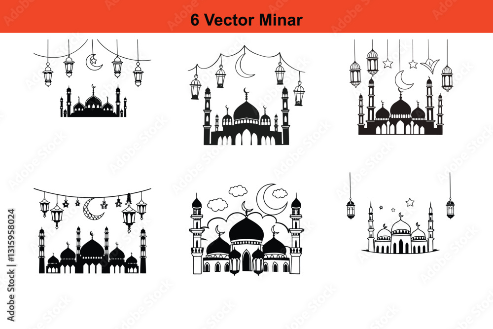 Naklejka premium Mosque Silhouettes, Islamic Mosque Silhouette Vector Pack