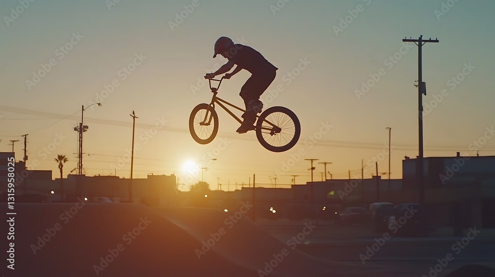 Fototapeta premium Urban BMX rider soars over a ramp at sunset