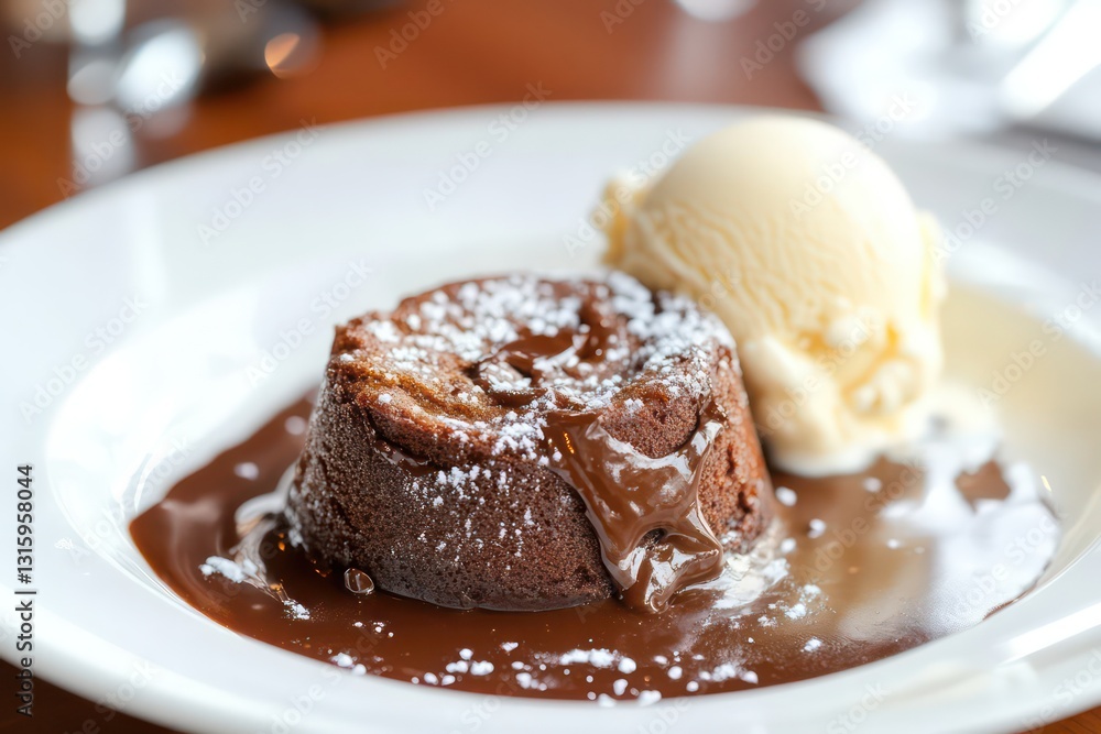 Delicious molten chocolate cake paired with creamy vanilla ice cream on a white plate. Delicious molten chocolate cake paired with creamy vanilla ice cream on a white plate.