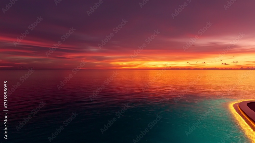 Obraz premium Serene Sunset Ocean Tranquil Coastal Scene Vibrant Sky Golden Hour