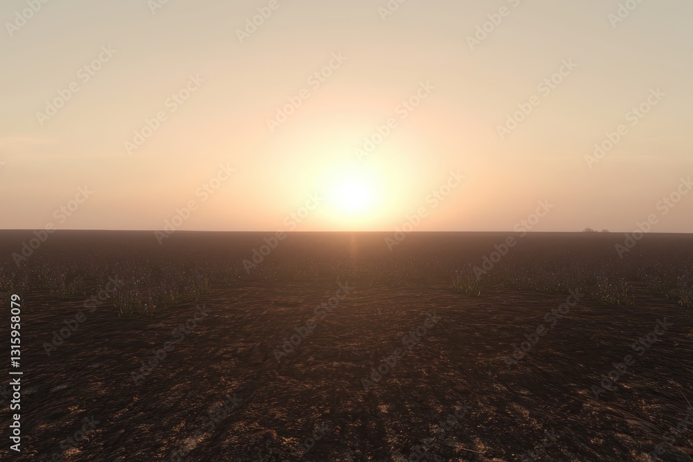 Tranquil Sunrise Over Vast Open Field with Soft Horizon Glow Tranquil Sunrise Over Vast Open Field with Soft Horizon Glow