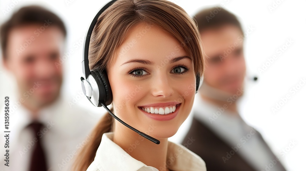 Smiling woman working in call center with headset. Blurred team in background. Smiling woman working in call center with headset. Blurred team in background.
