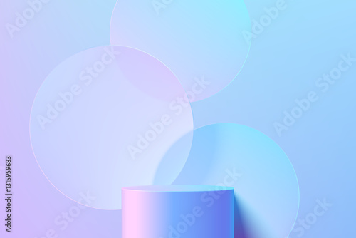 Blue hologram 3D cylindrical podium background with Overlap circle backdrop scene. Minimalist mockup pedestal. Abstract stand product display presentation. Stage for showcase. Vector platform design.