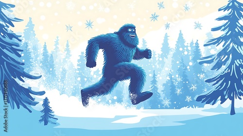 Bigfoot running through snowy winter forest.