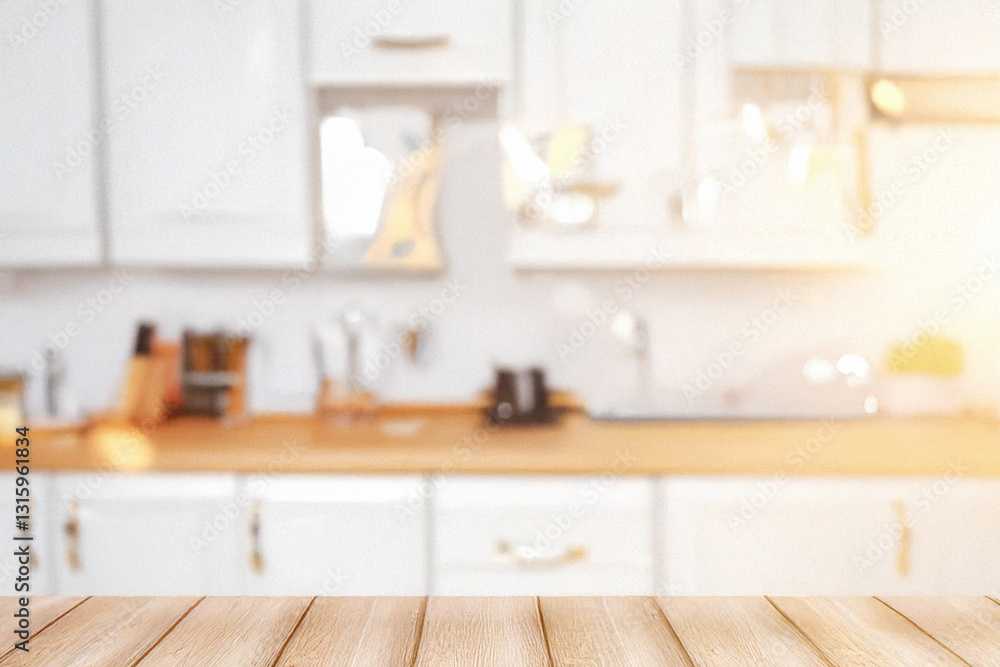 Fototapeta premium Blurred view of modern kitchen interior with white furniture