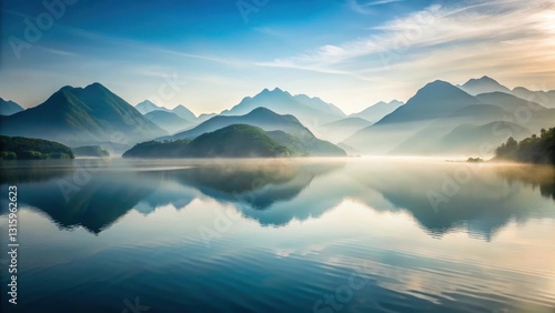Serene Mountain Lake Reflection at Dawn A Misty Panorama of Tranquil Waters and Verdant Peaks