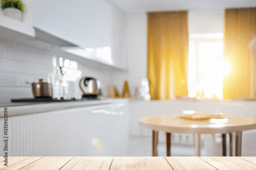 Blurred view of modern kitchen interior with white furniture Blurred view of modern kitchen interior with white furniture