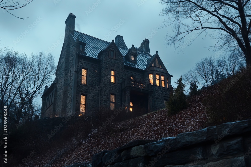 A haunting gothic house stands alone in the twilight, with glowing windows illuminating the foggy evening. This atmospheric scene evokes mystery and solitude. A haunting gothic house stands alone in the twilight, with glowing windows illuminating the foggy evening. This atmospheric scene evokes mystery and solitude.