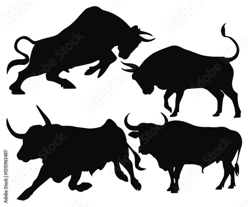 Angry running bull icon illustration. Black silhouette bull financial icons. Bull vector illustration. Isolated on white background. Domestic animal. Buffalo collection. Farm animal.