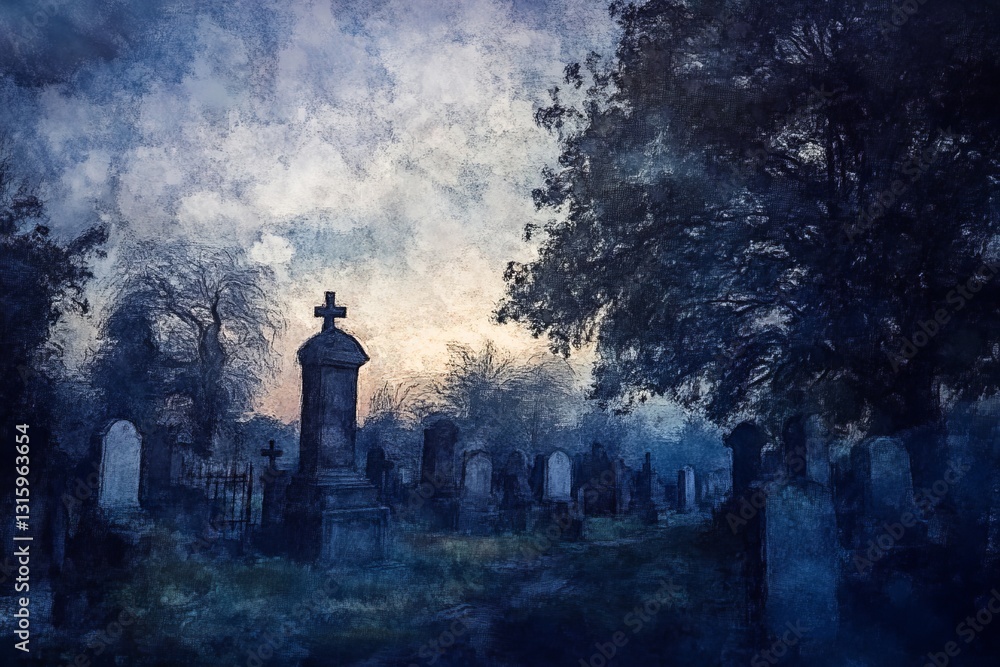 Fototapeta premium An atmospheric scene of a graveyard shrouded in mist, featuring weathered tombstones and dark trees under a cloudy sky, evoking feelings of mystery and solitude.