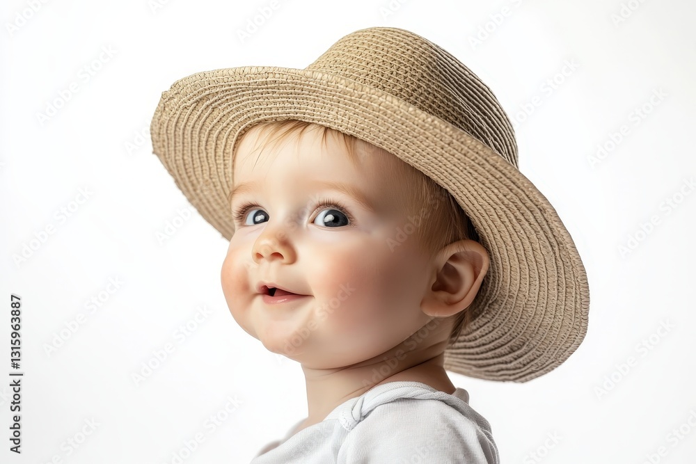 Adorable baby is smiling and wearing a sun hat on white backdrop Adorable baby is smiling and wearing a sun hat on white backdrop