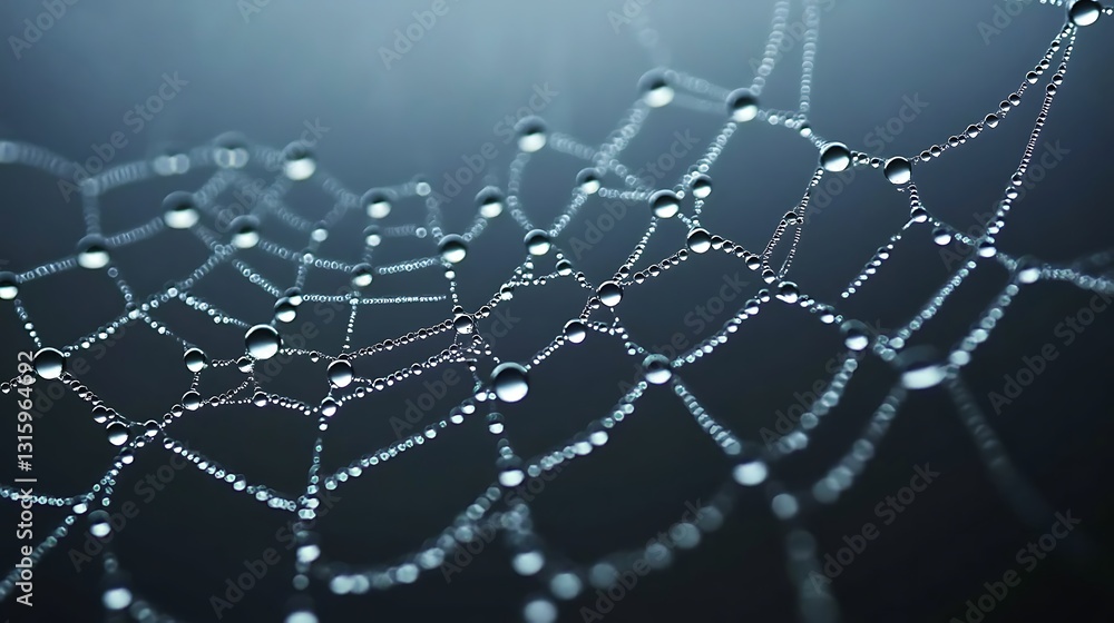 Naklejka premium Close-up of a spiderweb glistening with morning dew, intricate details visible.