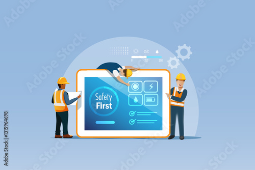 Industrial workers with safety first check list dashboard on digital tablet. Safety first warning and awareness to prevent from accident at construction site. Vector.