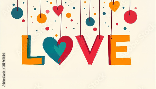 Colorful love design with hanging letters and hearts on a playful background, Love letters on string