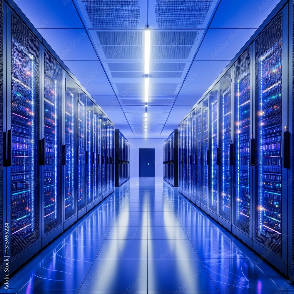 A long hallway with many computer servers. The servers are blue and the lights are blue. The hallway is very long and the servers are very tall A long hallway with many computer servers. The servers are blue and the lights are blue. The hallway is very long and the servers are very tall