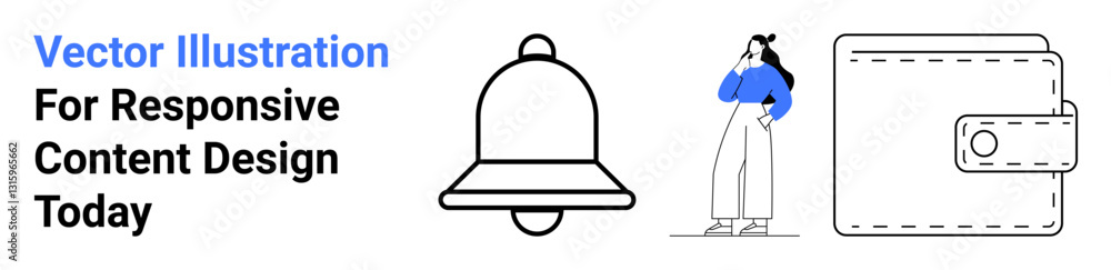 Notification bell, standing woman in thoughtful pose, and stitched wallet icon. Ideal for design, technology, finance, communication, creativity, e-commerce web interfaces flat landing page banner Notification bell, standing woman in thoughtful pose, and stitched wallet icon. Ideal for design, technology, finance, communication, creativity, e-commerce web interfaces flat landing page banner