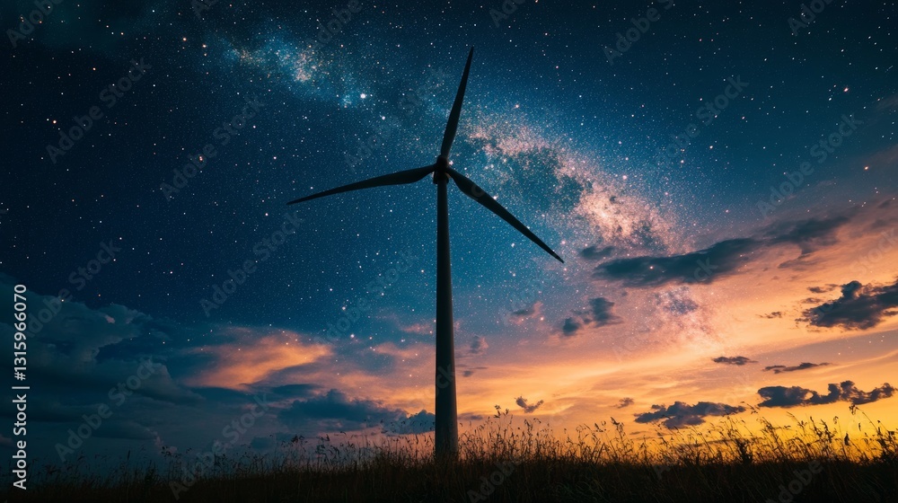 A stunning silhouette of a wind turbine set against a breathtaking starry sky, featuring vibrant colors of sunset, showcasing nature's beauty and renewable energy. A stunning silhouette of a wind turbine set against a breathtaking starry sky, featuring vibrant colors of sunset, showcasing nature's beauty and renewable energy.