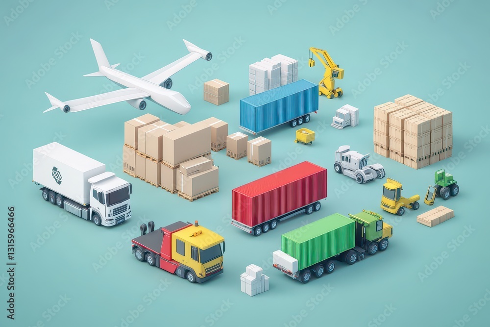 Fototapeta premium Colorful 3D illustration of transport logistics with trucks, containers, and an airplane in a warehouse