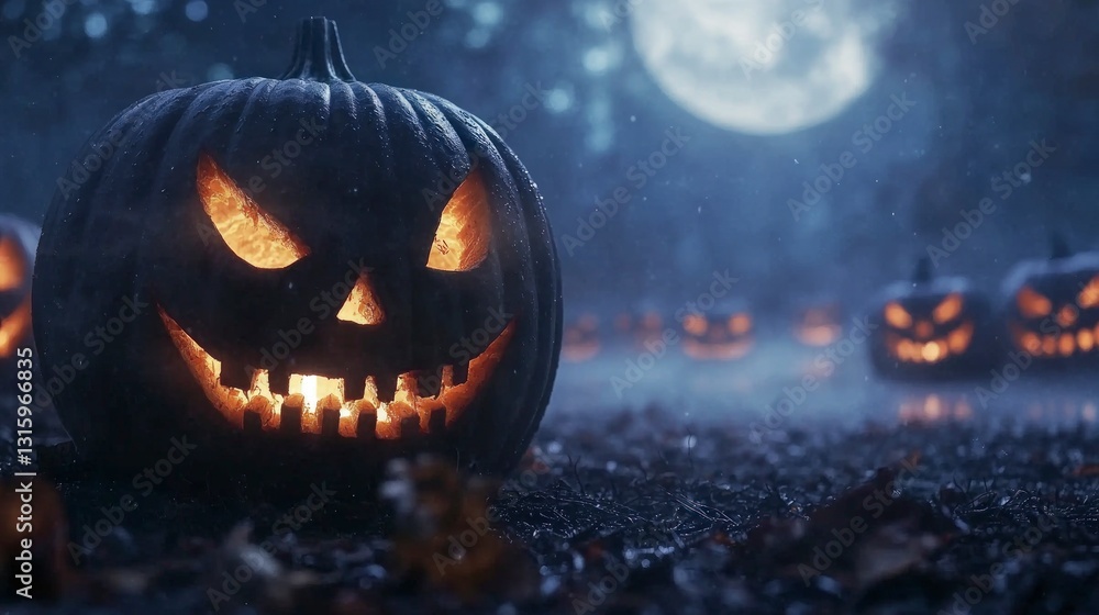 Naklejka premium Spooky Halloween Jack o lanterns on Misty Lake at Night