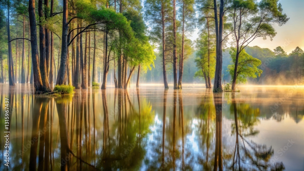 Obraz premium Golden Hour Reflection in a Tranquil Forest Lake with Misty Morning Atmosphere