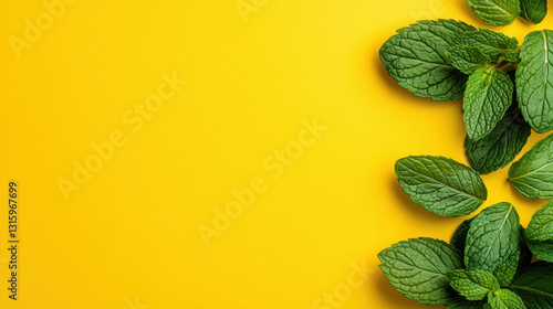 Symmetrical layout of vibrant peppermint leaves isolated on a white background.