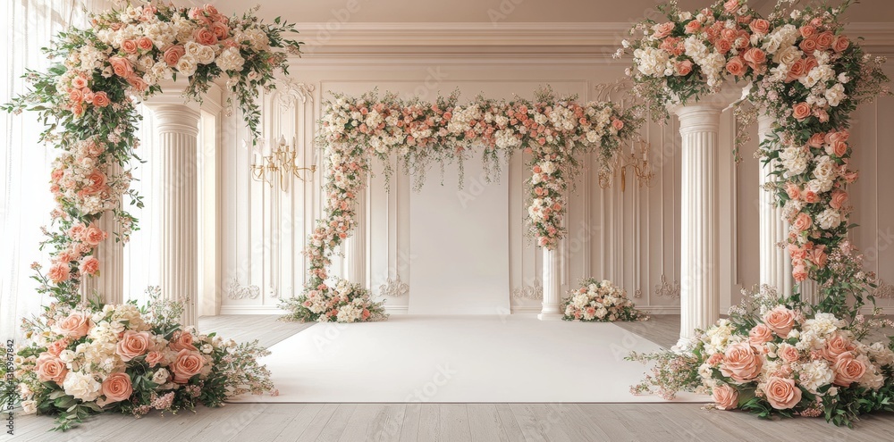 A peaceful backdrop enhanced by pink blooms and stylish columns, great for events or photography A peaceful backdrop enhanced by pink blooms and stylish columns, great for events or photography