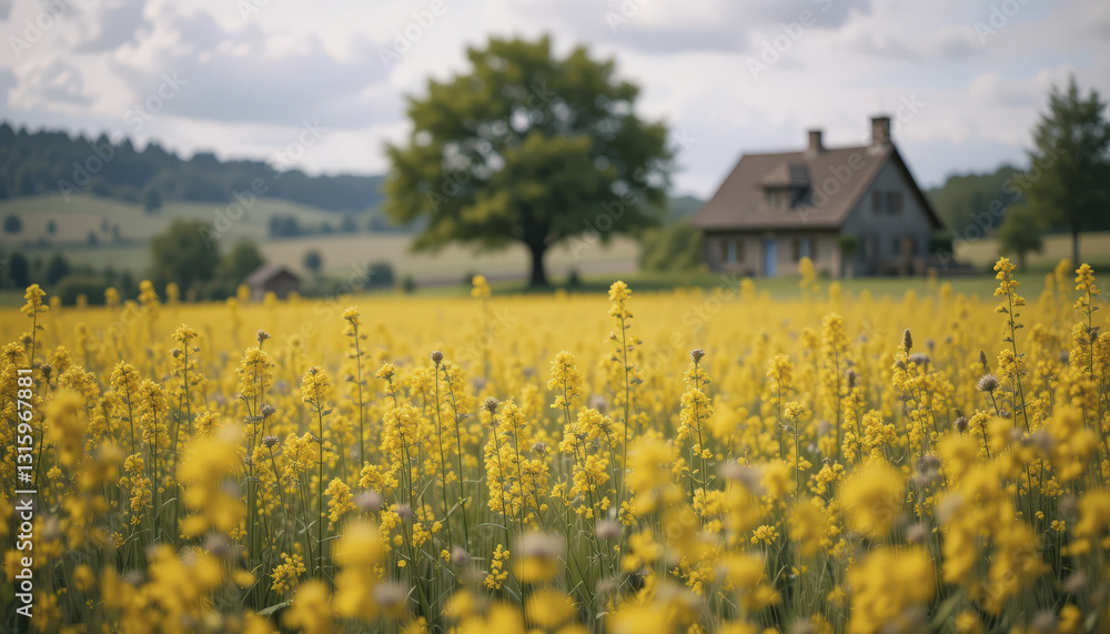 vibrant field of yellow flowers in front of charming house and tree, creating serene countryside scene vibrant field of yellow flowers in front of charming house and tree, creating serene countryside scene