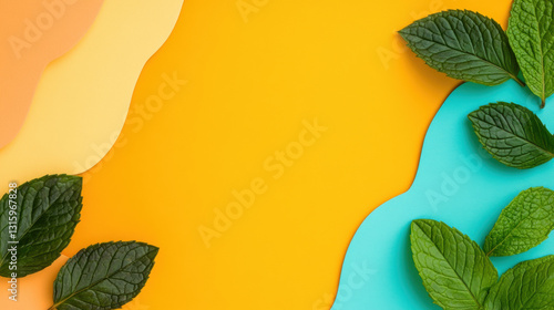 Aerial view of symmetrical peppermint leaves arranged artistically.