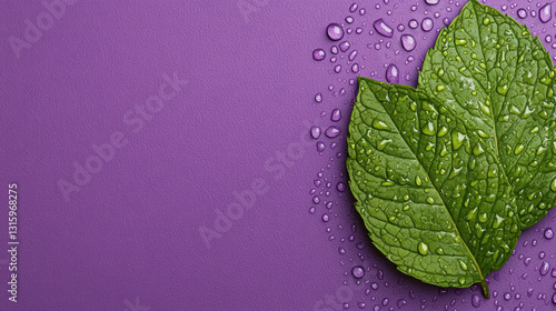 A top-down view of a water mint leaf with raindrops, high-resolution image.