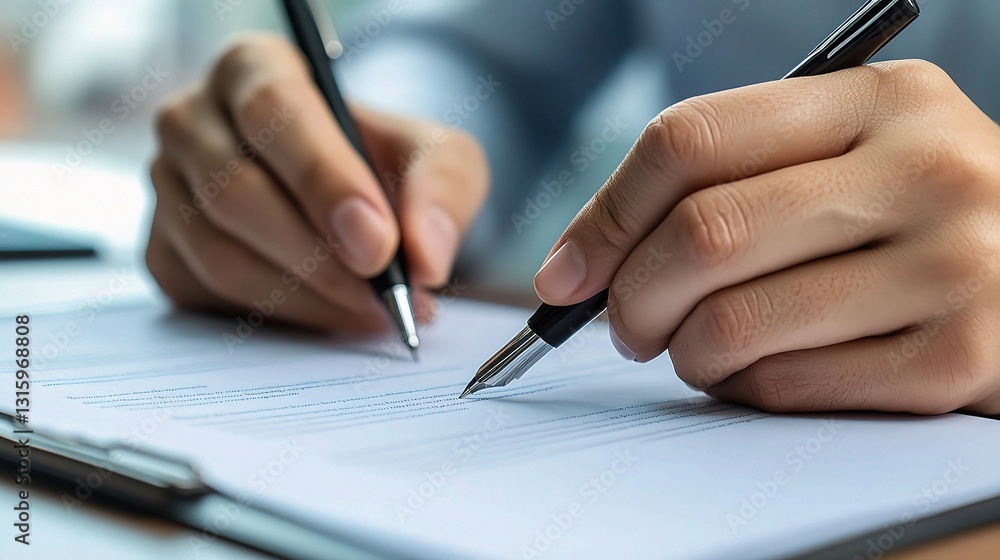 Close Up of Hands Writing with Pens on Document in Office Setting Close Up of Hands Writing with Pens on Document in Office Setting