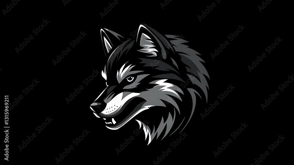 Naklejka premium Gray wolf head profile, black background, stylized graphic design.