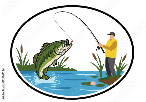 Bass fishing clipart. A person is fishing and catching a large bass in a pond with cattails and lily pads. Vector illustration design.