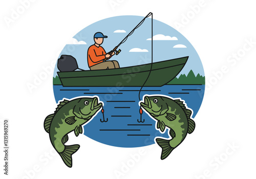 Bass fishing clip art. A person in a boat fishing with two bass fish hooked. Vector illustration design.