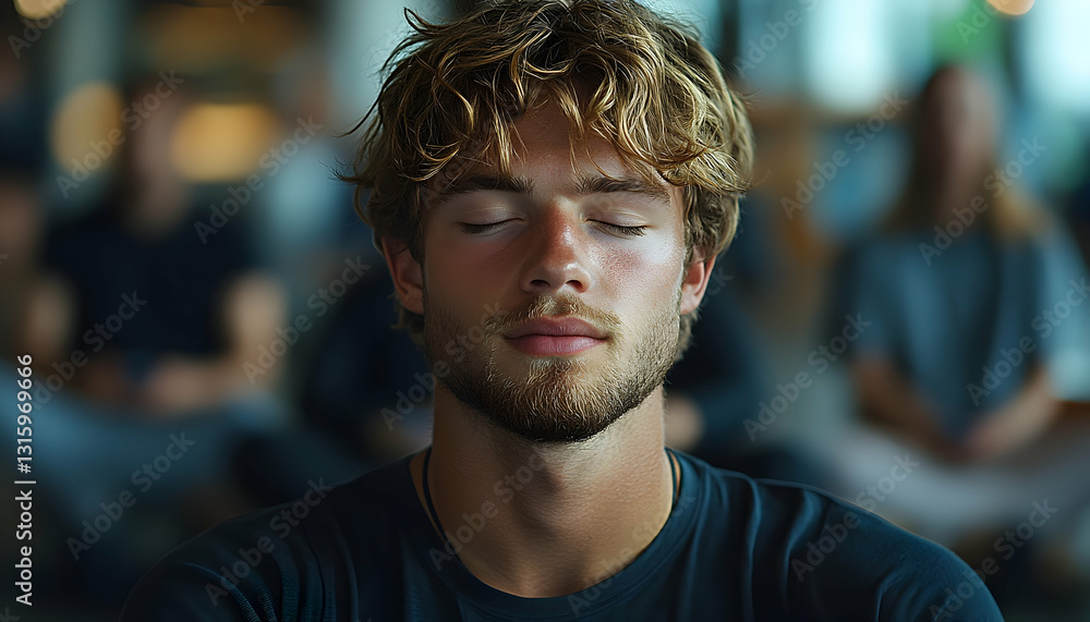 Young man meditating in a group Young man meditating in a group