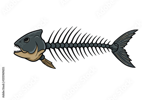 Clip art fish bones. This image shows a stylized fish skeleton with a detailed head, spine, and tail. Vector illustration design.