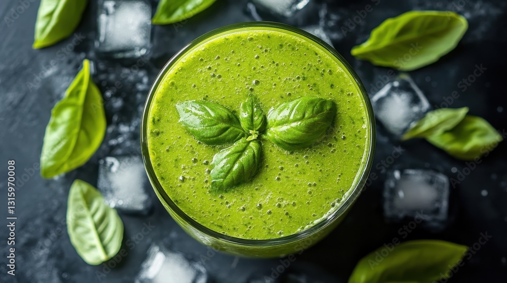 Refreshing green smoothie in glass, garnished with basil. Perfect for healthy eating, diet, or wellness websites. Refreshing green smoothie in glass, garnished with basil. Perfect for healthy eating, diet, or wellness websites.